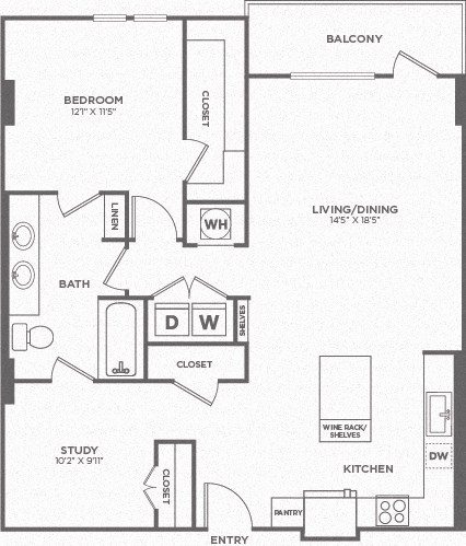 Floor plan for 1 bed, 1 bath, 1072 sqft